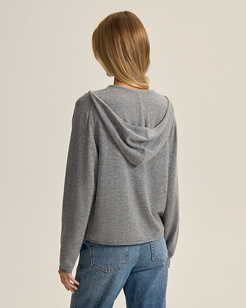 Шерстяной кардиган на молнии с капюшоном, серый меланж