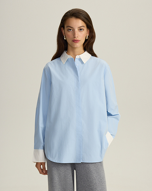 Хлопковая рубашка с контрастным воротником и манжетами, голубой