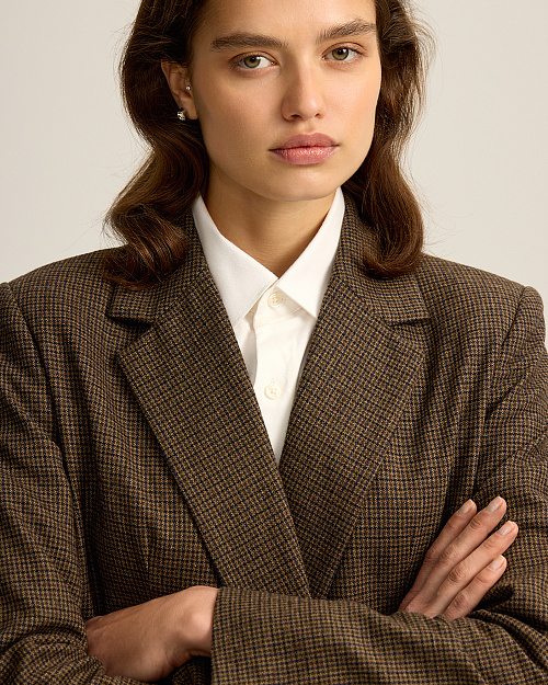 Твидовый жакет прямого кроя, коричневый