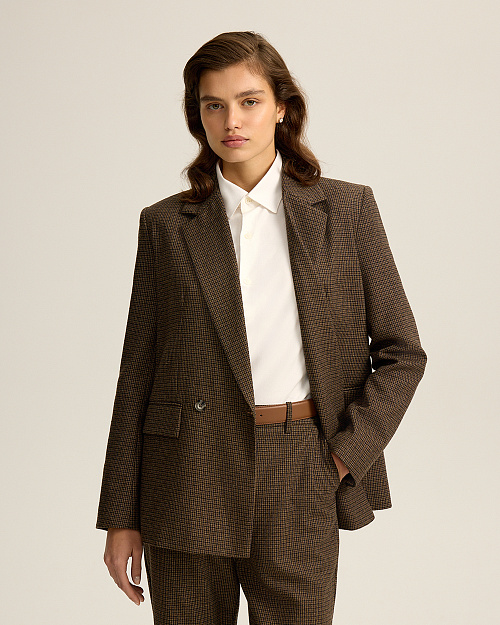 Твидовый жакет прямого кроя, коричневый