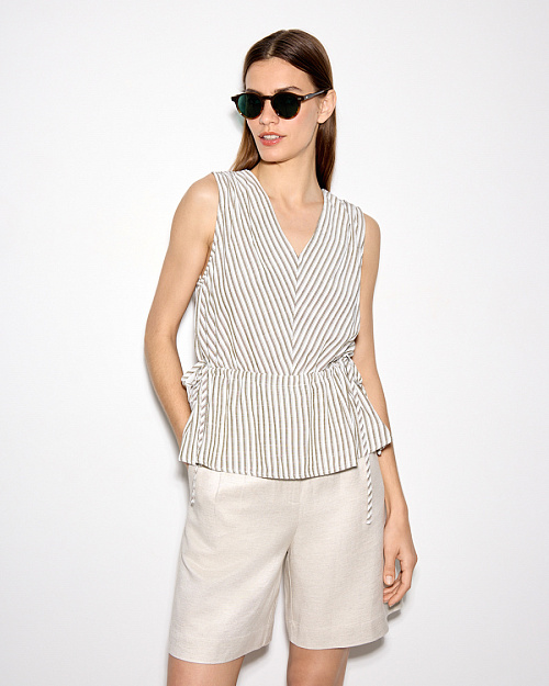Топ трансформер с V-вырезом, на завязках, из хлопка с модалом, белый в полоску