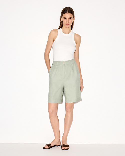 Шорты бермуды изо льна и района, зеленый оливковый