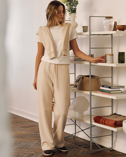 Широкие хлопковые брюки из футера, сливочный