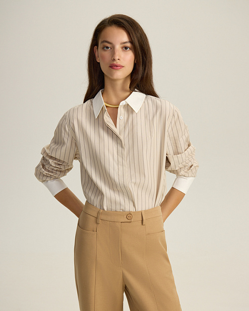 Хлопковая рубашка с контрастным воротником и манжетами, бежевый