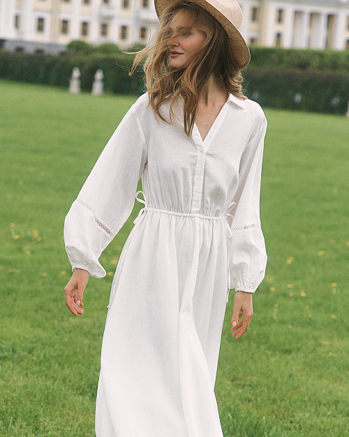 Платье с кружевными вставками, из тенселя и льна, белый