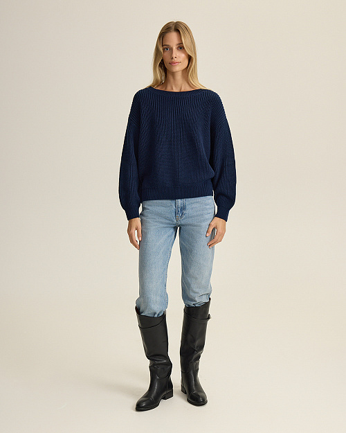 Хлопковый джемпер крупной вязки, темно-синий