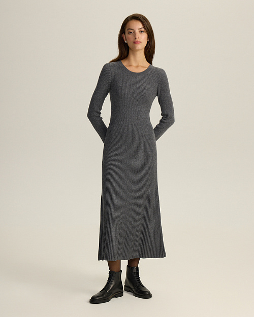 Платье из шерстяного вязаного трикотажа, серый меланж