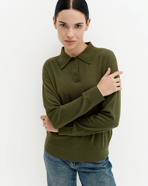 Шерстяной джемпер с воротником поло, хаки