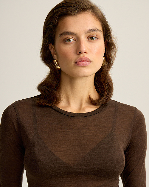 Прозрачный лонгслив из шерсти мериноса, коричневый шоколадный