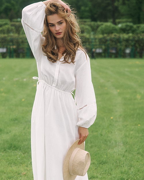 Платье с кружевными вставками, из тенселя и льна, белый