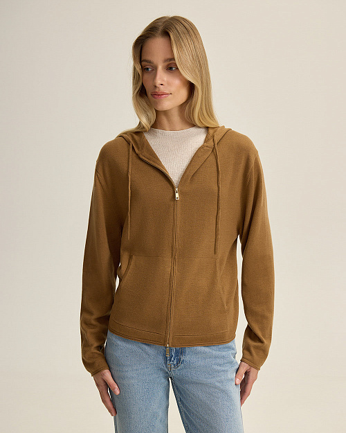 Шерстяной кардиган на молнии с капюшоном, карамельный