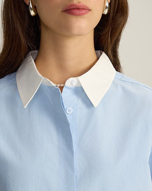 Хлопковая рубашка с контрастным воротником и манжетами, голубой
