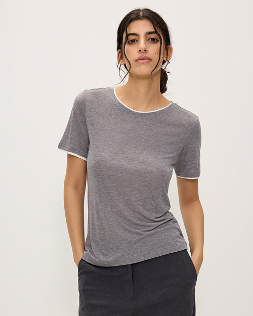 Футболка с имитацией многослойности, из модала с шелком и кашемиром, серый меланж