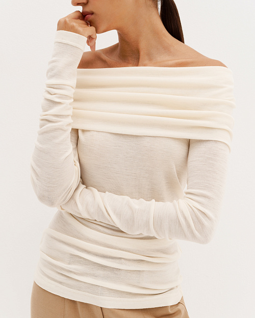 Шерстяной лонгслив с открытыми плечами, трансформер, молочный