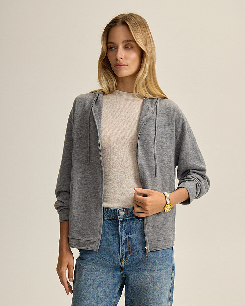 Шерстяной кардиган на молнии с капюшоном, серый меланж