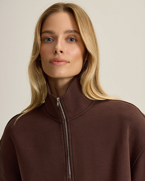 Свитшот с воротом на молнии, коричневый шоколадный