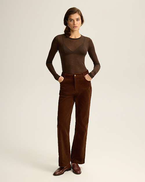 Прозрачный лонгслив из шерсти мериноса, коричневый шоколадный