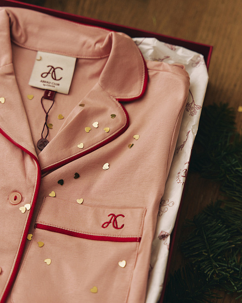 Хлопковая пижамная рубашка с контрастной отделкой, розовый