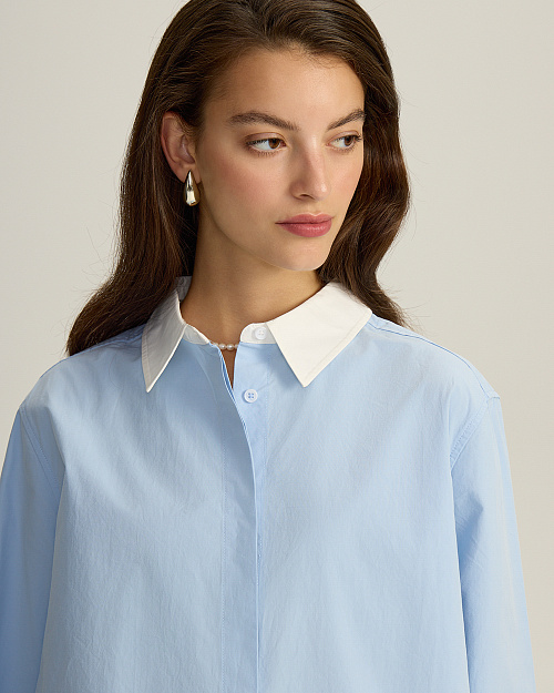 Хлопковая рубашка с контрастным воротником и манжетами, голубой