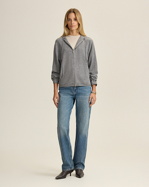 Шерстяной кардиган на молнии с капюшоном, серый меланж