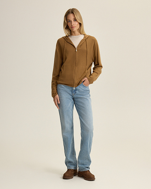 Шерстяной кардиган на молнии с капюшоном, карамельный