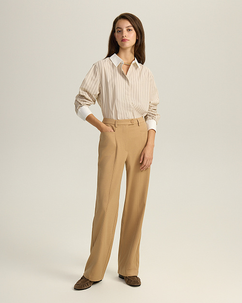 Хлопковая рубашка с контрастным воротником и манжетами, бежевый