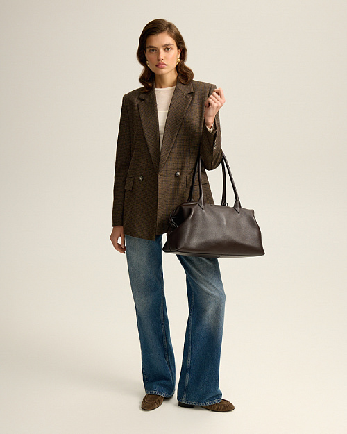 Объемная сумка из натуральной кожи, коричневый шоколадный