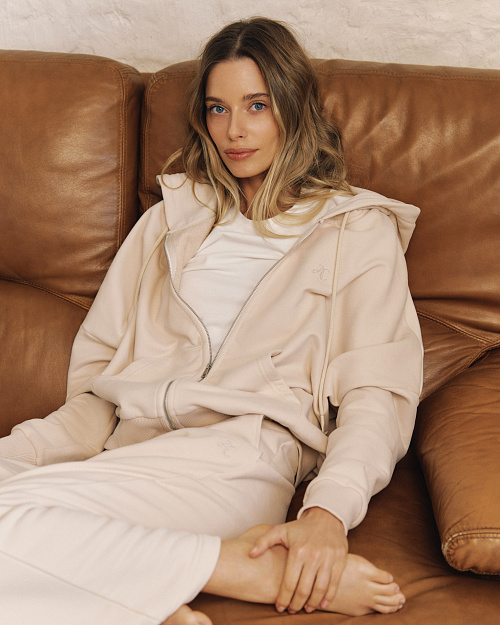 Хлопковая толстовка худи на молнии, сливочный