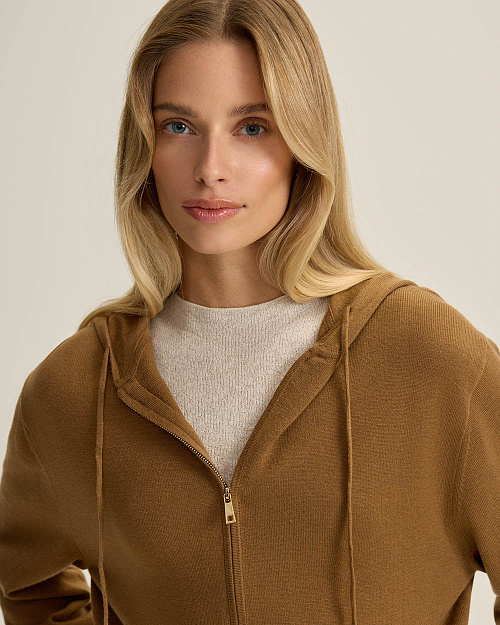 Шерстяной кардиган на молнии с капюшоном, карамельный