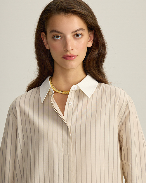 Хлопковая рубашка с контрастным воротником и манжетами, бежевый