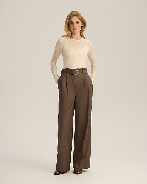 Брюки с защипами, с поясом, коричневый