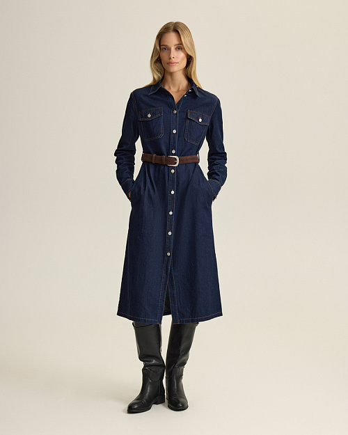 Джинсовое платье на поясе, темно-синий