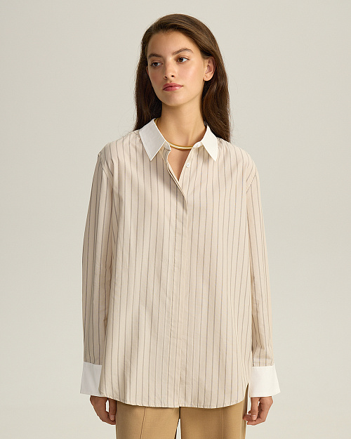 Хлопковая рубашка с контрастным воротником и манжетами, бежевый