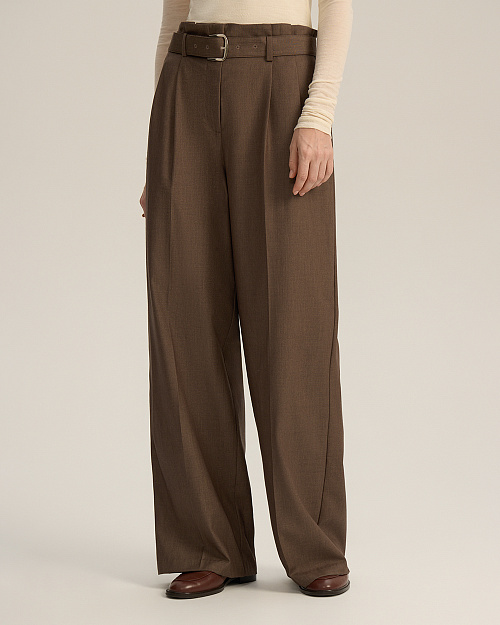 Брюки с защипами, с поясом, коричневый