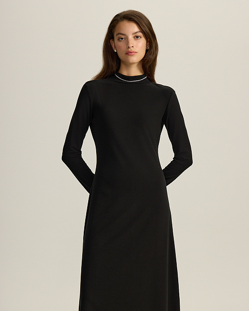 Трикотажное платье со стойкой, из тенселя с шерстью, черный