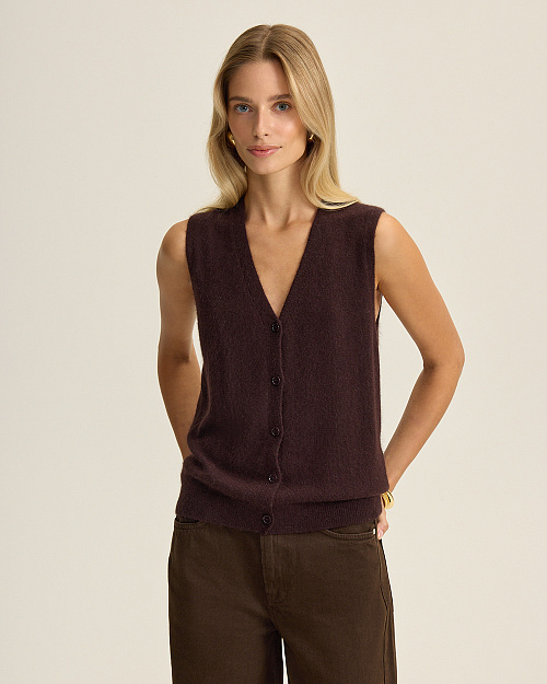 Жилет на пуговицах с шерстью ангоры, коричневый шоколадный