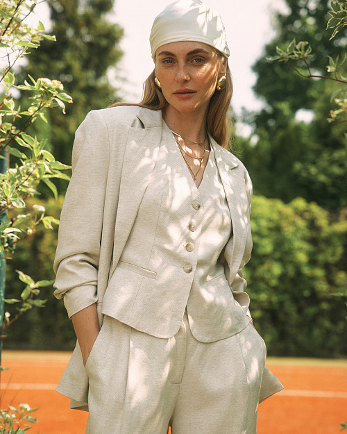 Однобортный жакет из вискозы и льна, на подкладке, бежевый