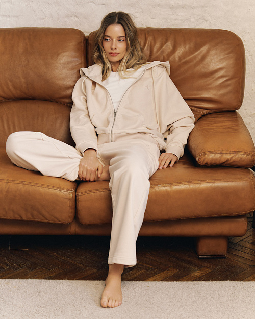 Хлопковая толстовка худи на молнии, сливочный