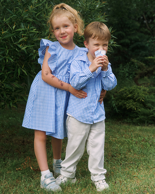 Детское хлопковое платье в клетку, синий