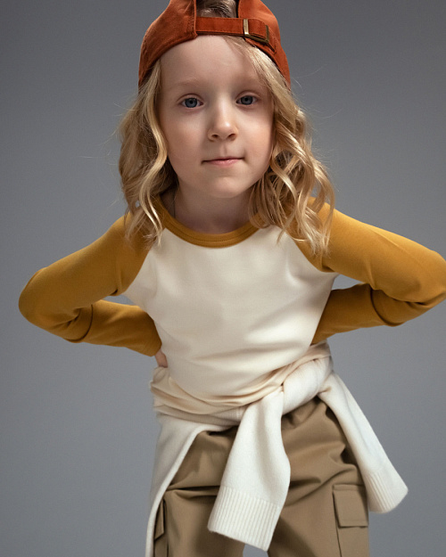 Детский хлопковый лонгслив Unisex с контрастными рукавами, светло-бежевый, желтый