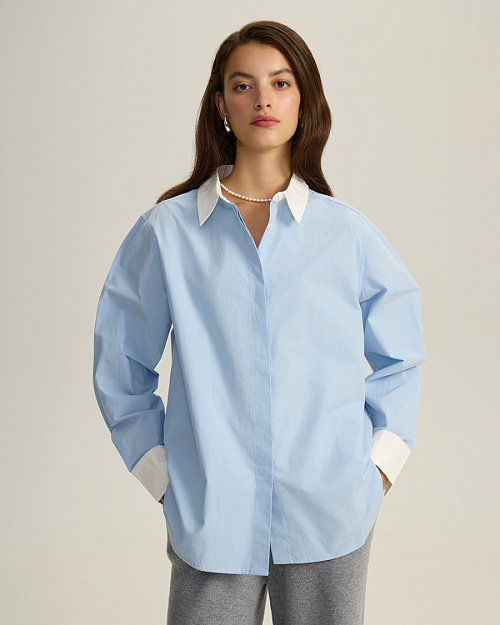 Хлопковая рубашка с контрастным воротником и манжетами, голубой