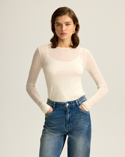 Прозрачный лонгслив из шерсти мериноса, молочный