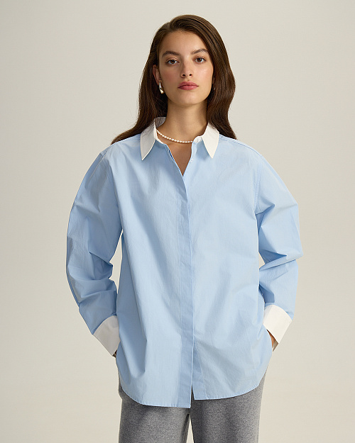 Хлопковая рубашка с контрастным воротником и манжетами, голубой