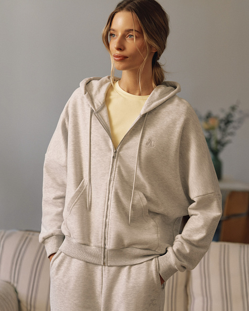 Хлопковая толстовка худи на молнии, серый меланж