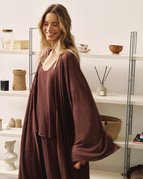 Длинный кардиган на поясе, горький шоколад