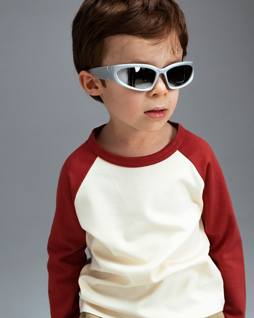 Детский хлопковый лонгслив Unisex с контрастными рукавами, светло-бежевый, красный