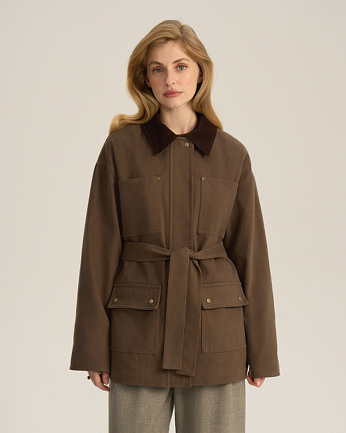 Хлопковая куртка с вельветовым воротником, коричневый