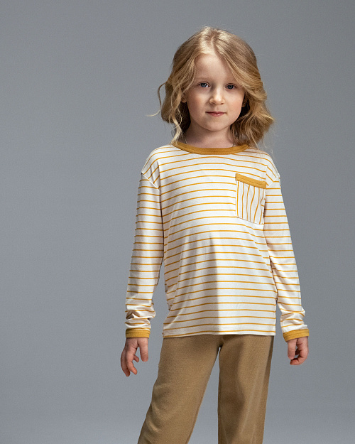 Детский лонгслив в полоску Unisex, из района, светло-бежевый, желтая полоска