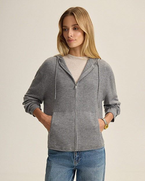 Шерстяной кардиган на молнии с капюшоном, серый меланж