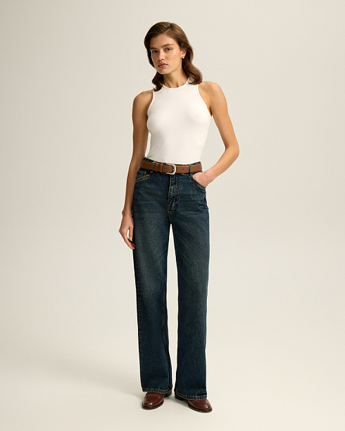 Прямые джинсы с высокой посадкой, темно-синий